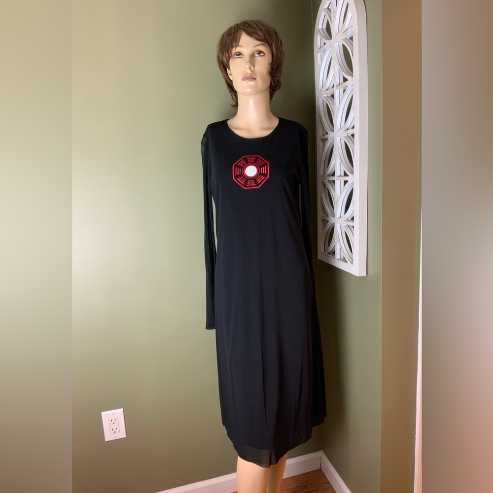 Vivienne Tam Black Long-Sleeve Maxi Dress with Red Graphic Mirror size 3